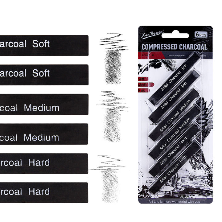 6Pcs Compressed Charcoal Sticks, (Soft, Medium, Hard) Square Vine